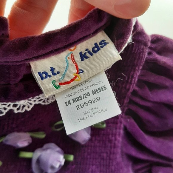 Vtg 90s Smocked Purple Velvet Cottagecore Baby Dress with Rosettes, 24 mo - Picture 7 of 9